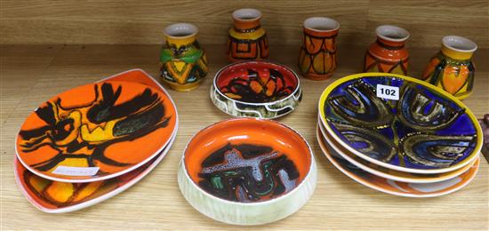 Five assorted Poole pottery dishes including, no 3 and 91, two bowls and five assorted Poole small vases